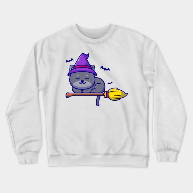 Cute Witch Cat Sleeping On Magic Broom Cartoon Crewneck Sweatshirt by Catalyst Labs